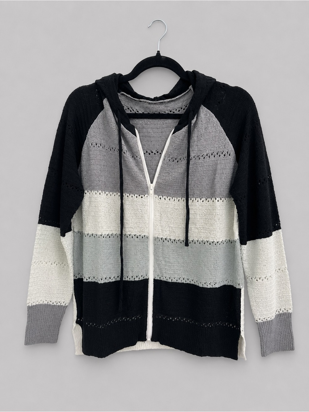 Striped Hooded Zip-Front Sweater - Black, Gray & Cream